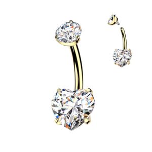 24k Gold Implant Grade Titanium CZ Dual Hearts Internally Threaded Belly Ring
