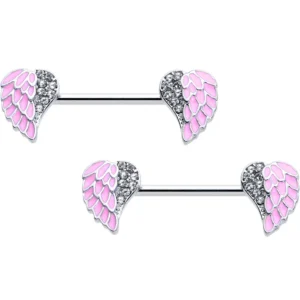 14G 9/16 Clear Gem Heavenly Heart Angel Wing Pink Ring Set