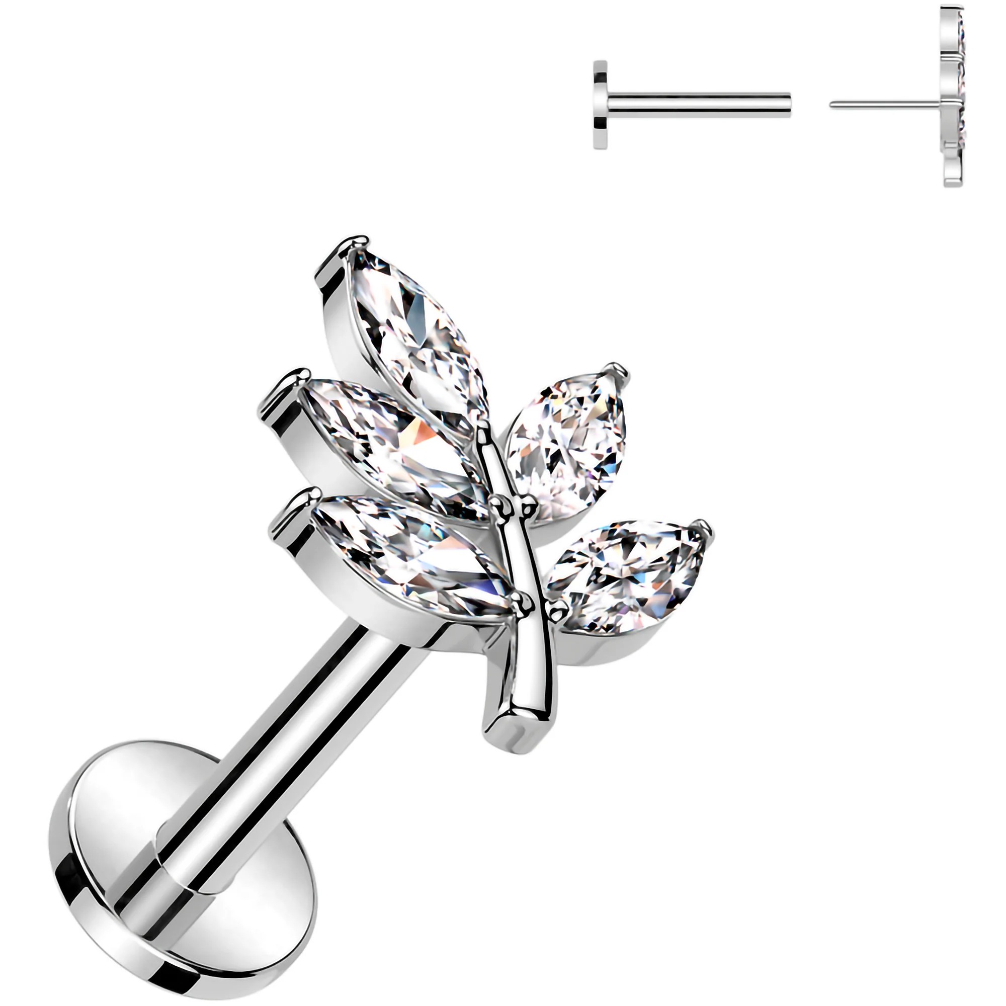 Surgical Steel Flat Back Earring - 18G With Cubic Zirconia Leaves (SILVER) Surgical Steel Flat Back Earring - 18G With Cubic Zirconia Leaves